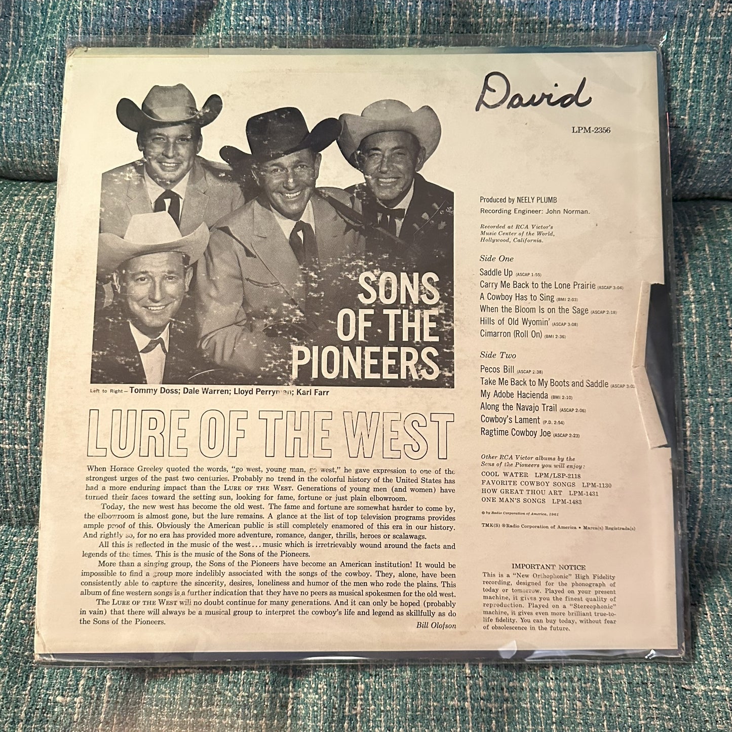 SONS OF THE PIONEERS – Lure of the West Vinyl LP